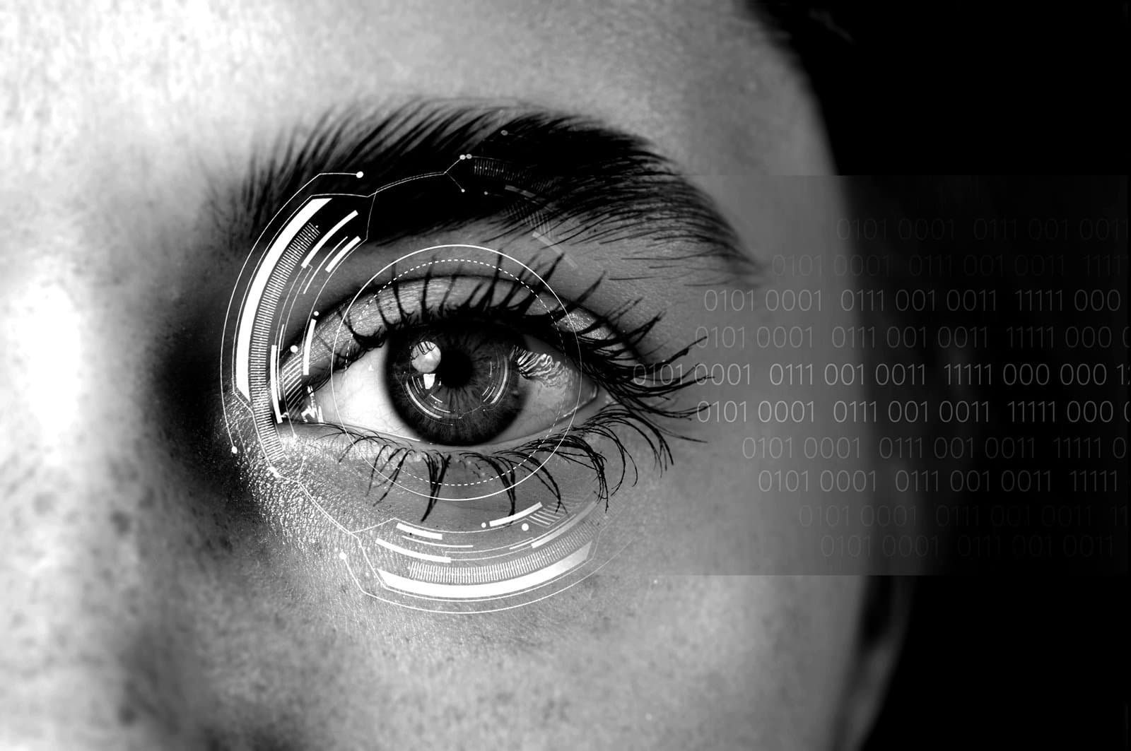A human eye is showcased prominently.