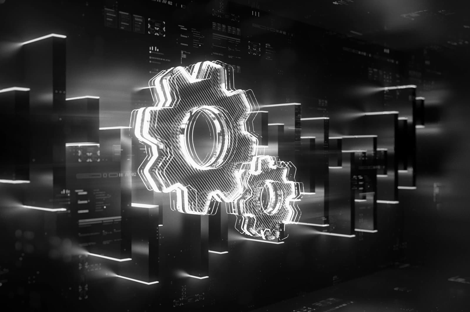 Two glowing metallic gears floating in a futuristic digital environment with illuminated rectangular panels in the background.
