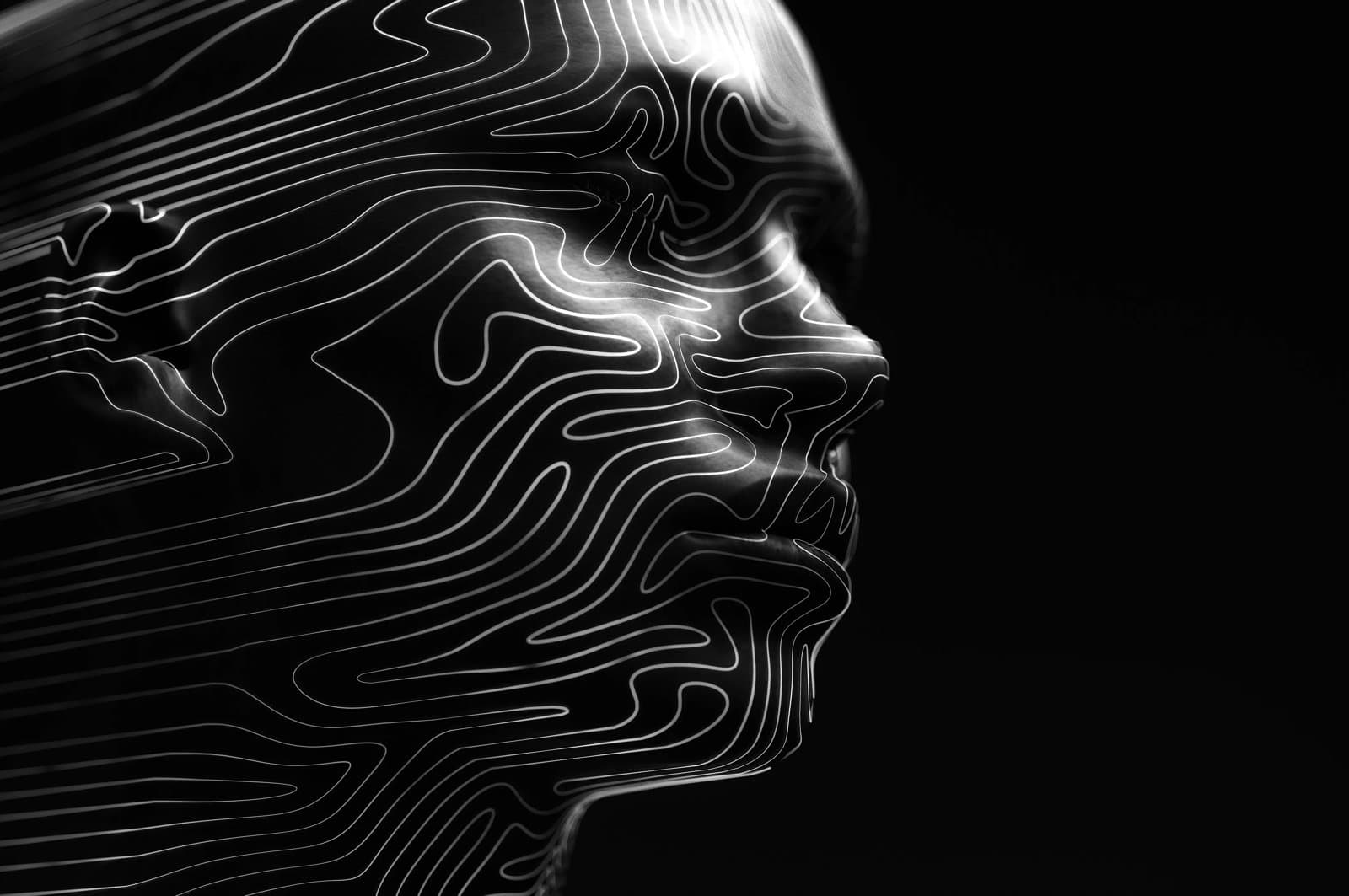Close up of a digital generated human head with contour lines