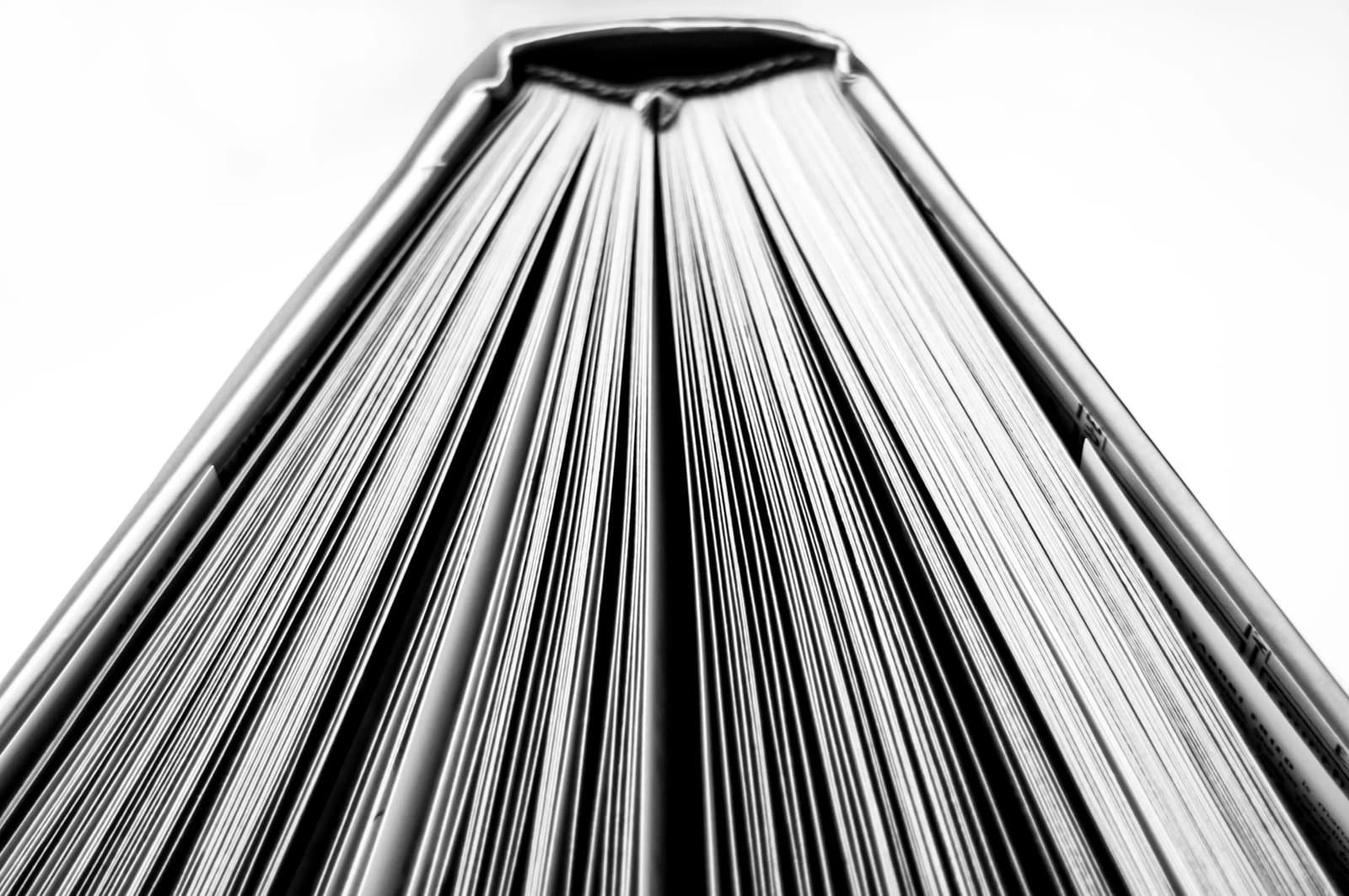 Open pages of a book, viewed from the bottom up
