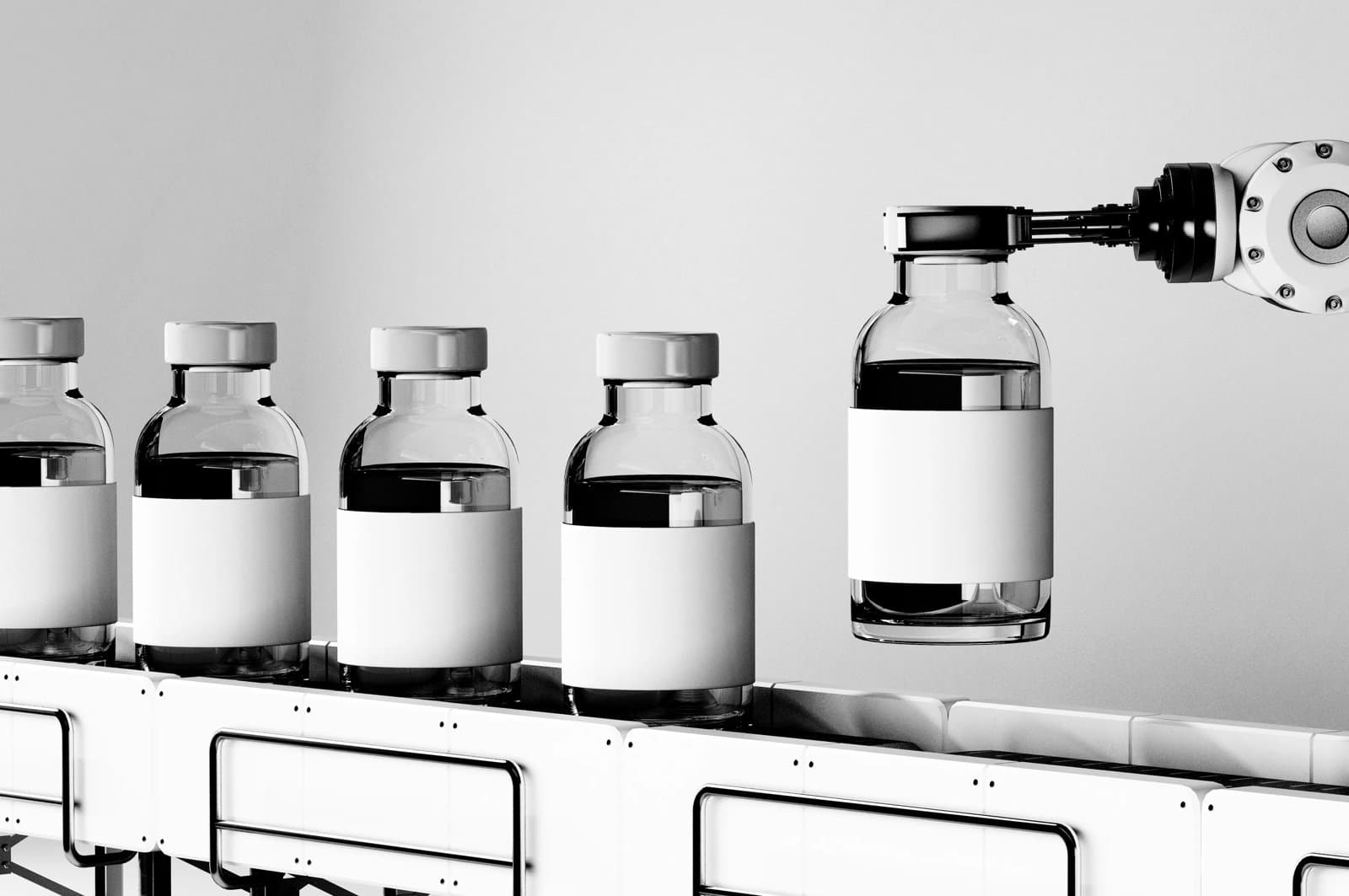 Robotic arm lifting a sealed glass vial from a conveyor line of identical medicine bottles in a clean industrial setting.