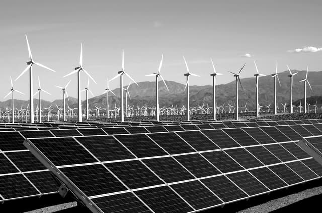 Solar panels in the foreground with wind turbines across a renewable energy site, set against a mountainous landscape.